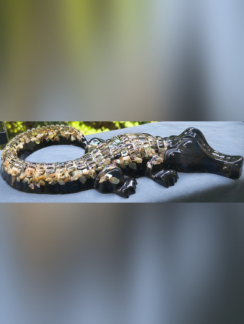 Vintage Abalone Shell Resin Crocodile Figurine - MCM Ocean Designs Label 9"